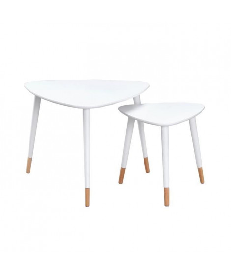 FINLANDEK 2 tables basses gigognes triangulaires LIMPIA scandinave - Blanc mat et bois naturel - L 60 x l 60 cm et L 45 x l 4…