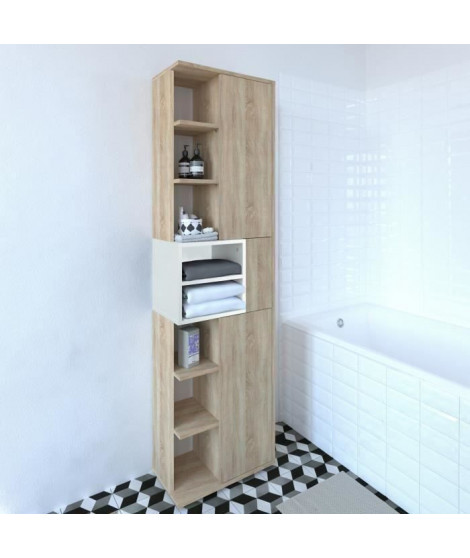 KUBE Colonne de salle bain L 50 cm - Décor chene naturel et blanc mat