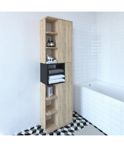 KUBE Colonne de salle bain L 50 cm - Décor chene naturel et noir mat