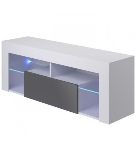 HUGO Meuble TV LED contemporain mélaminé blanc mat et gris brillant - L 140 cm