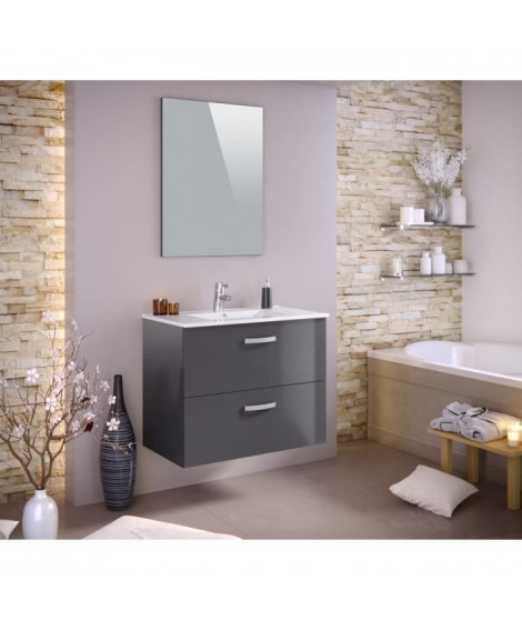STELLA Ensemble salle de bain simple vasque avec miroir L 80 cm - Gris laqué brillant