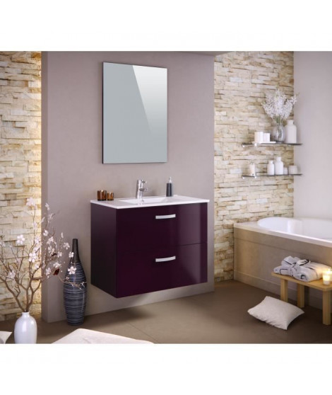 STELLA Ensemble salle de bain simple vasque avec miroir L 80 cm - Aubergine laqué brillant