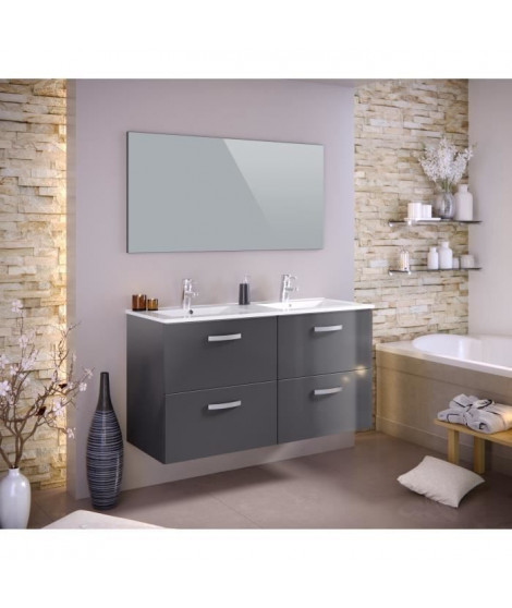 STELLA Ensemble salle de bain double vasque avec miroir L 120 cm - Gris laqué brillant