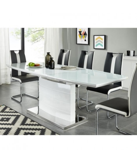 ICE Table a manger extensible de 8 a 10 personnes style contemporain laqué blanc brillant avec socle en acier - L 160-220 x l…
