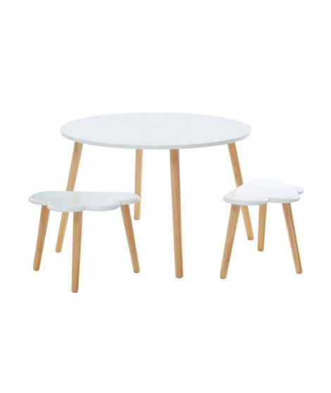NUAGE Ensemble table + 2 tabourets nuages enfants scandinave blanc laqué mat + pieds en bois pin massif - Ø 80 et L 42 x P 27 cm
