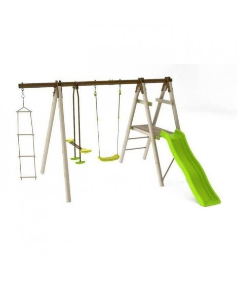 TRIGANO Portique OREKA en bois et métal - H. 1,90 m - 3 agres, balançoires + toboggan