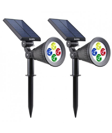 LUMISKY Pack de 2 Spots solaires extérieur étanches - 4 LEDs colorées - 200 Lm - Tete pivotante a 90°C