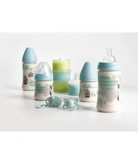 SUAVINEX Set de 4 biberons Welcome Baby avec doseur de lait et sucette avec attache - 150 ml / 270 ml - Bleu