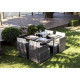 CARIOCA2 Ensemble repas de jardin encastrable - table 110x110 plateau en verre + 4 fauteuils et 4 poufs en résine tressée - Gris