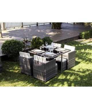 CARIOCA2 Ensemble repas de jardin encastrable - table 110x110 plateau en verre + 4 fauteuils et 4 poufs en résine tressée - Gris