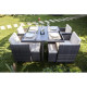 CARIOCA2 Ensemble repas de jardin encastrable - table 110x110 plateau en verre + 4 fauteuils et 4 poufs en résine tressée - Gris