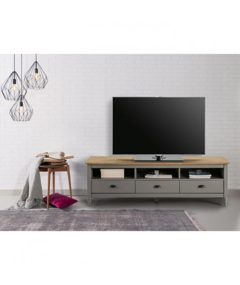 LAVANDE Meuble TV 3 tiroirs - Décor gris ciré - L 158 x P 40 x H 49 cm