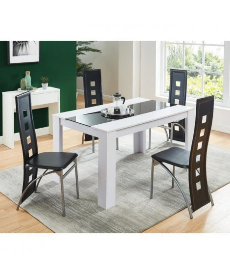 DAMIA Ensemble table a manger 4 a 6 personnes blanc et verre + 4 chaises simili - Style contemporain - L 140 x l 90 cm