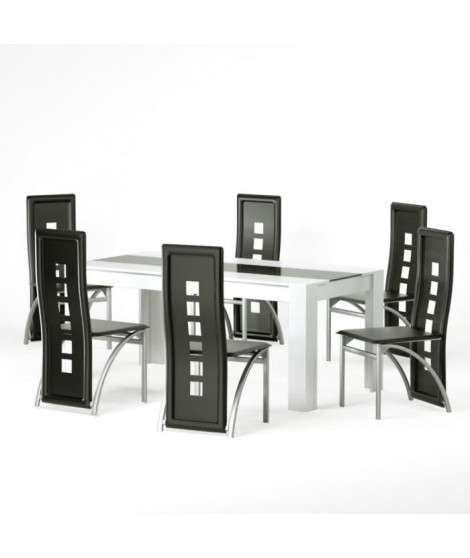 DAMIA Ensemble table a manger 6 a 8 personnes + 6 chaises contemporain blanc et verre trempé noir - L 180 x l 90 cm