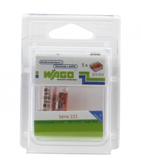 WAGO Pack de 5 Bornes de connexion universelle tous conducteurs - Type 221/ 3 entrées