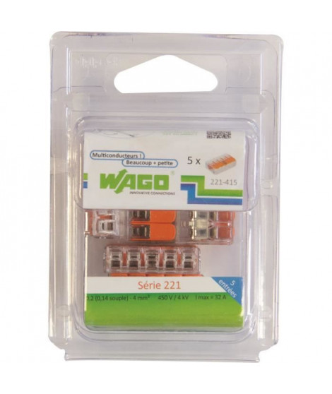 WAGO Pack de 5 Bornes de connexion universelle tous conducteurs - Type 221/ 5 entrées