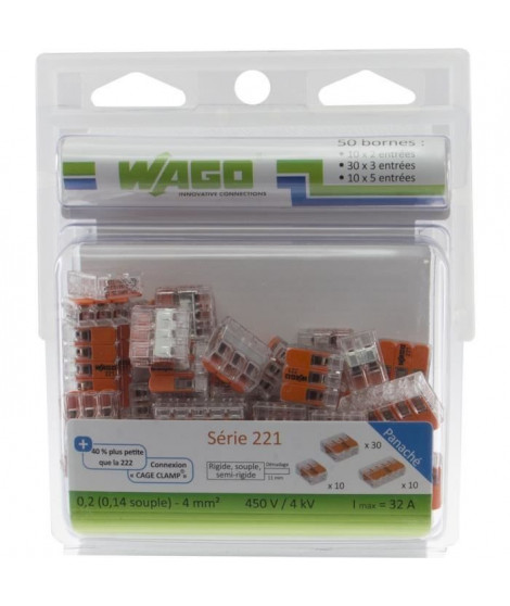 WAGO Pack de 50 Bornes de connexion universelle tous conducteurs - Type 221/2-3-5 entrées
