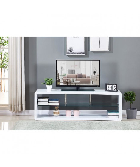 Meuble TV en bois laqué blanc - Etagére en verre - L 140 x P 40 x H 45 cm