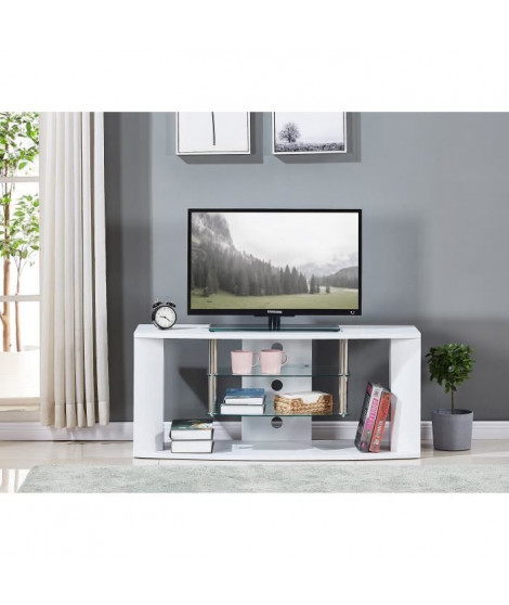 Meuble TV en bois décor sonoma blanc - Etagére en verre - L 119 x P 39,5 x H 50 cm