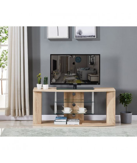 Meuble TV en bois décor sonoma naturel - Etagére en verre - L 119 x P 39,5 x H 50 cm