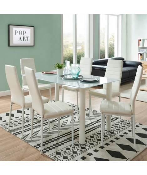 BELAIR table a manger de 4 a 6 personnes style contemporain + 6 chaises en simili  blanc mat - L 140 x l 80 cm