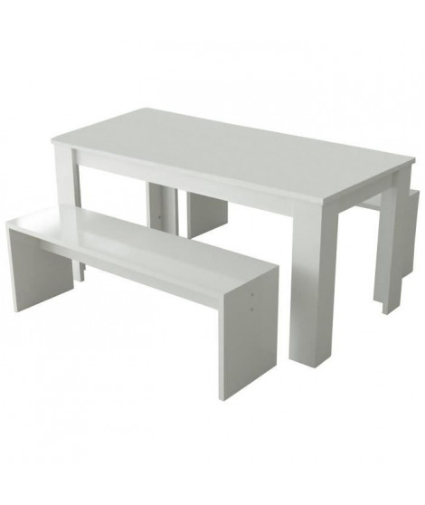 NEW MILANO Table a manger de 6 a 8 personnes + 2 bancs style contemporain blanc laqué brillant - L 160 x l 80 cm