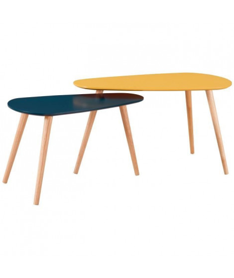 GALET Lot de 2 tables gigognes scandinave jaune moutarde et bleu canard laqués mat - L 81,5 x l 41 cm et L 67 x l 34 cm