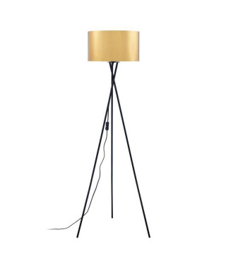 Lampadaire Trépied Métal Noir - Abat jour Doré et Chromé - Diam 34 x H 140 cm