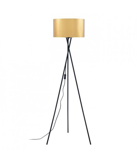 Lampadaire Trépied Métal Noir - Abat jour Doré et Chromé - Diam 34 x H 140 cm