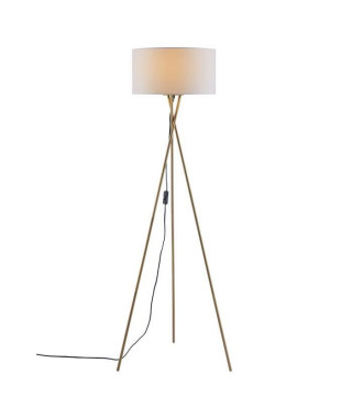 Lampadaire Trépied Métal Doré - Abat jour en tissu Blanc - Diam 34 x H 140 cm