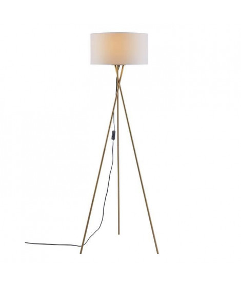 Lampadaire Trépied Métal Doré - Abat jour en tissu Blanc - Diam 34 x H 140 cm