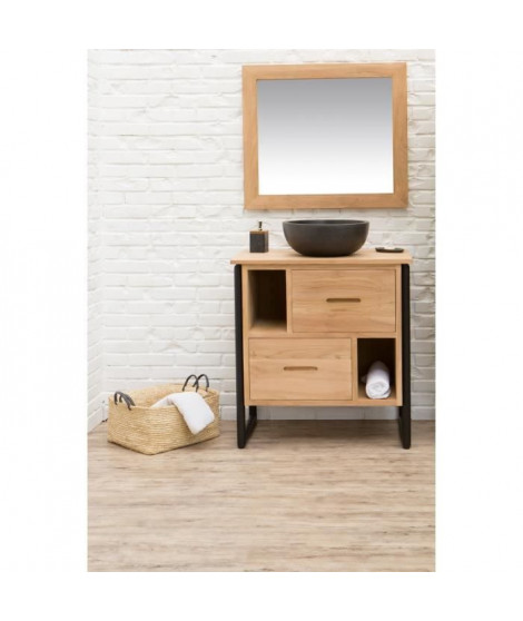 LOFT Ensemble salle de bain en bois et placage teck massif simple vasque avec miroir L 80 cm - Bois naturel et noir mat