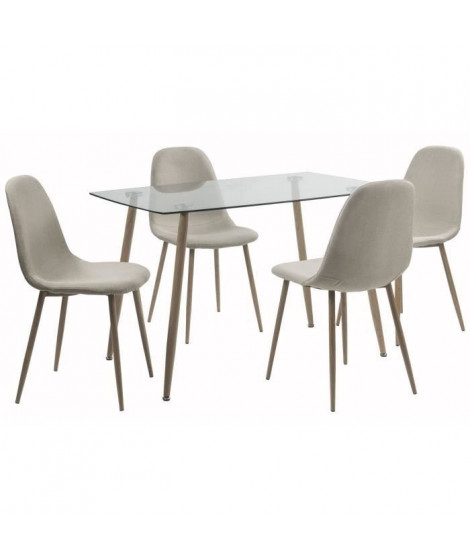 LORENTZ Ensemble table a manger 4 a 6 personnes avec plateau verre trempé + 4 chaises tissu beige - Contemporain - L 120 x l …