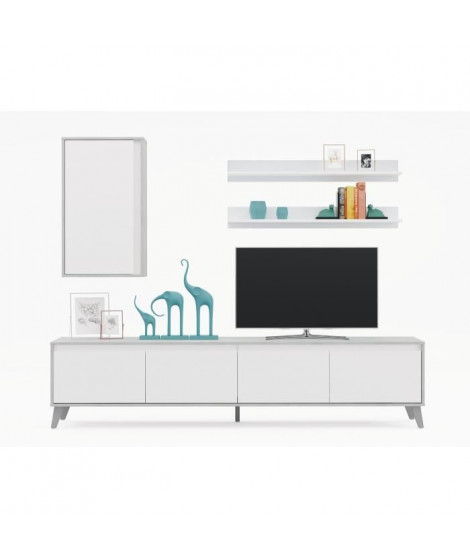 ALLURE Meuble TV de 4 portes - Décor béton blanc - L 200 x P 41 x H 50 cm
