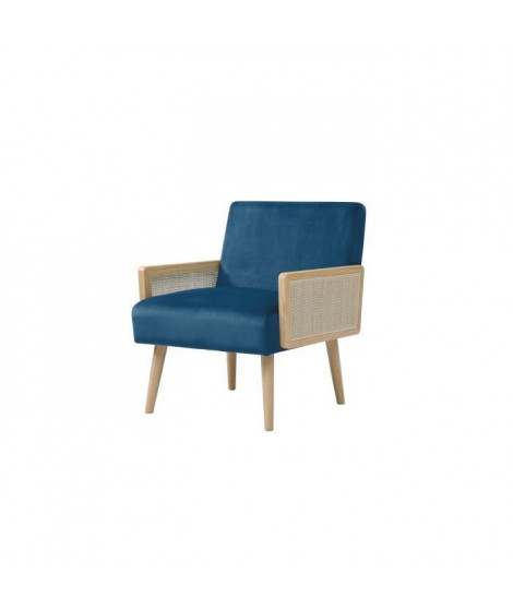 ARCHI Fauteuil Cannage + Finition tressée - Velours Bleu - L 64 x P 72 x H 75 cm