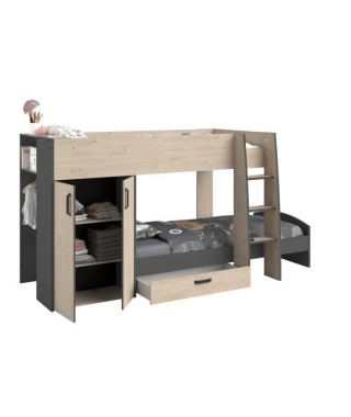 Lits superposés enfant avec rangements - Décor Chene Jackson et Gris Ombre - Sommiers inclus - 2 x 90 x 200 cm - MIST