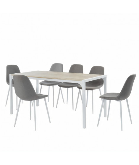 Ensemble Table a manger + 6 chaises tissu gris - Bois et blanc - L 160 x P 80 x H 75cm - ALPHA