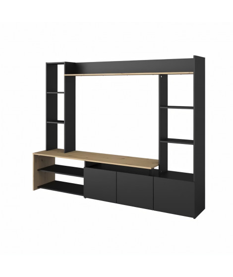 OREGON Meuble TV 3 portes basses - Décor Chene et noir - L 196,6 x P 39,5 x H 153,3 cm