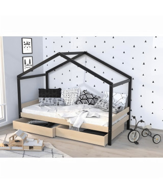 Lit cabane enfant avec tiroirs - Bois pin massif - Naturel et noir - Sommier inclus - 90 x 190 cm - ETOILE