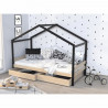 Lit cabane enfant avec tiroirs - Bois pin massif - Naturel et noir - Sommier inclus - 90 x 190 cm - ETOILE