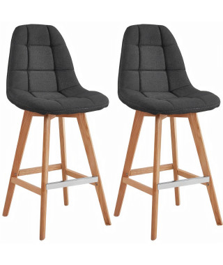 Lot de 2 tabourets de bar - Tissu gris - Pied bois hetre massif naturel - L 47 x P 56 x H 105 cm - ANYA