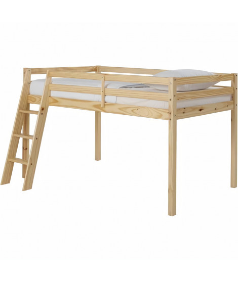 Lit mi-hauteur enfant- Bois Pin massif - Naturel - Sommier inclus - 90 x 190 cm - PINKIE