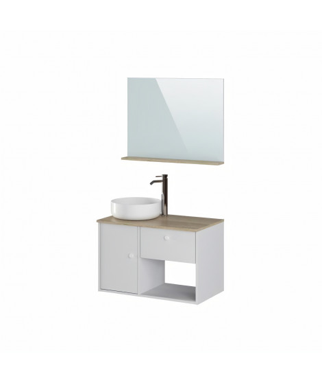 Meuble salle de bain avec vasque + miroir - 1 tiroir 1 portes - Décor chene et blanc - L 80 x P 46 x H 63 cm - LARS