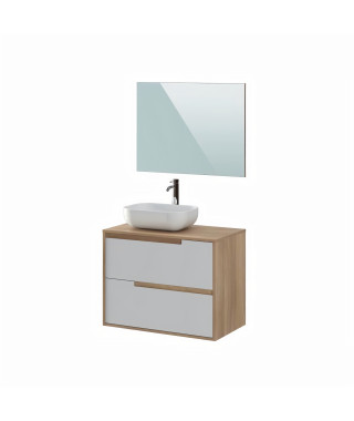 Meuble salle de bain avec vasque + miroir - 2 tiroirs - Décor chene et banc - L 80 x P 46 x H 75 cm - LENA
