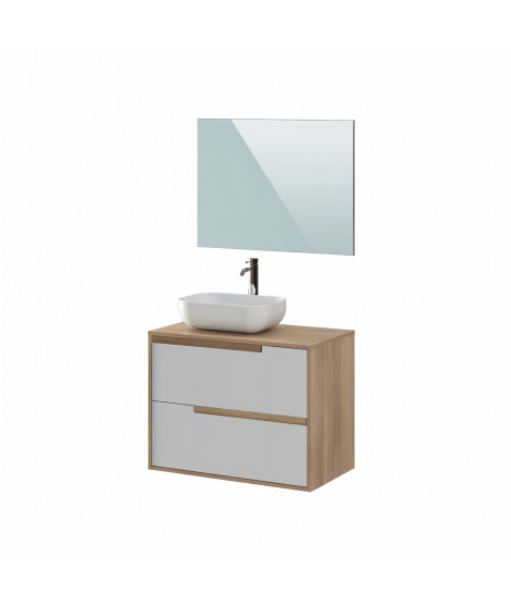 Meuble salle de bain avec vasque + miroir - 2 tiroirs - Décor chene et banc - L 80 x P 46 x H 75 cm - LENA