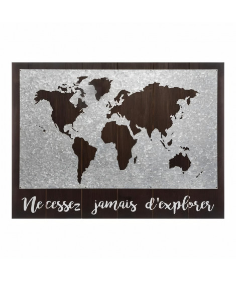 Décoration murale carte du monde en bois et zinc - 78 x 58 cm - Marron