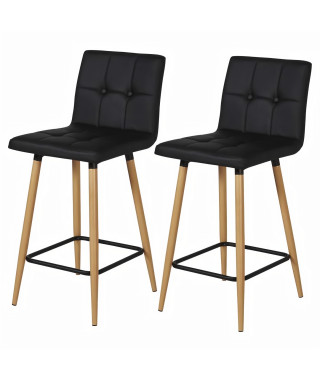 Lot de 2 Tabourets de bar comptoir de cuisine  - Simili noir et pieds bois - L40 x P39 x H63 cm - MARCO