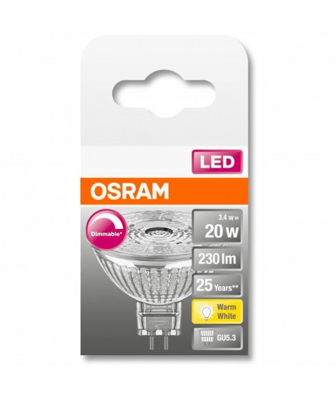 OSRAM Spot MR16 LED 36° verre variable - 3,4W équivalent 20W GU5.3 - Blanc chaud