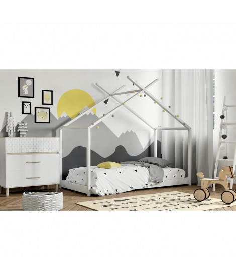 Lit cabane enfant - Bois pin massif - Blanc - Sommier inclus - 90 x 190 cm - ELIAH