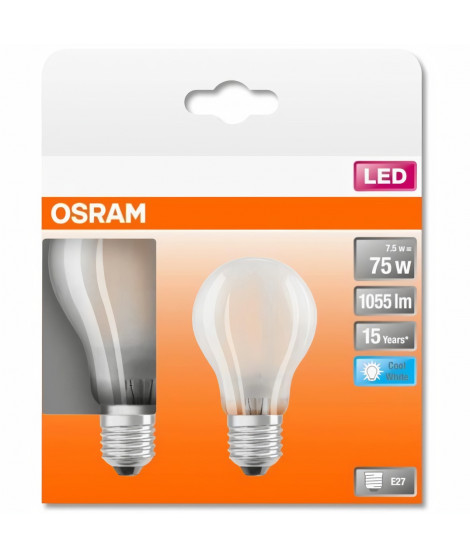 OSRAM Boite de 2 Ampoules LED Standard verre dépoli - 7,5W équivalent 75W E27 - Blanc froid